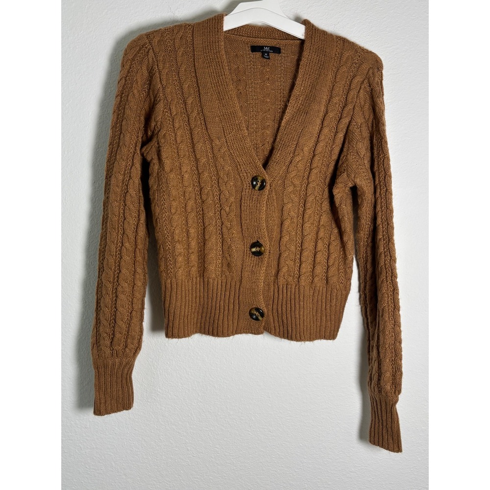 MM by My Michelle Camel Brown Cable Knit V-Neck Button Front Cardigan Sweater M
